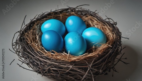  a nest filled with blue eggs sitting on top of a white table next to another nest filled with blue eggs on top of a white table next to each other nest.