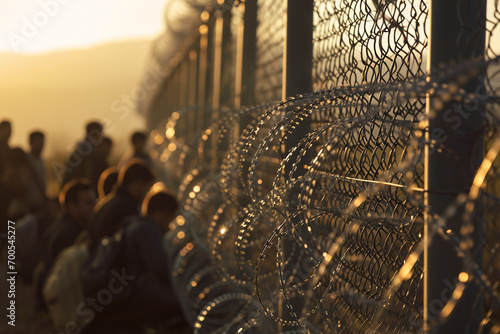  Queue of refugees along a high border fence with berbed wire. Imigration crisis. War and climate change. Generative AI