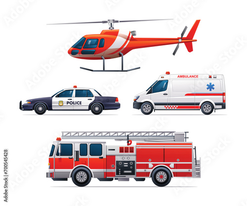 Set of emergency vehicles. Police car, ambulance, fire truck and helicopter. Official emergency service vehicles side view vector illustration