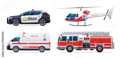 Set of emergency vehicles. Police car  fire truck  ambulance car and helicopter. Official emergency service vehicles side view vector illustration