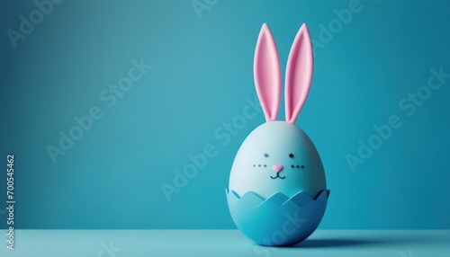  a blue easter egg with a pink bunny's face sticking out of it's egg shell on a blue surface with a blue background with a blue background. photo
