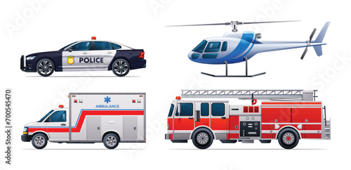 Emergency vehicle set. Police car, fire truck, ambulance and helicopter. Official emergency service vehicles side view vector illustration photo
