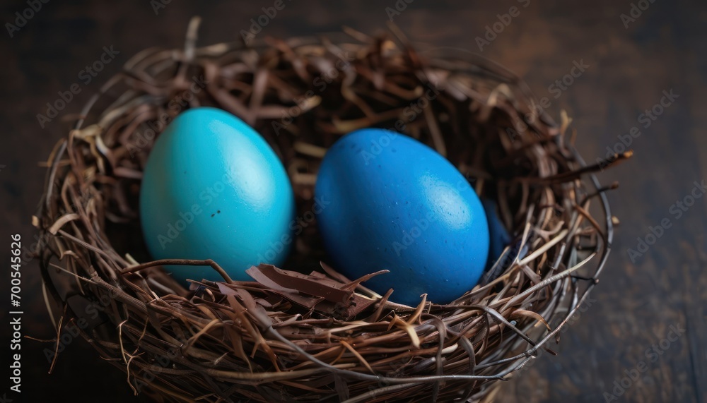 two blue eggs sitting in a nest on top of a wooden table next to another blue egg in the center of the nest on top of a dark wood table. two blue eggs sitting in a nest on top of a wooden table next to another blue egg in the center of the nest on top of a dark wood table.