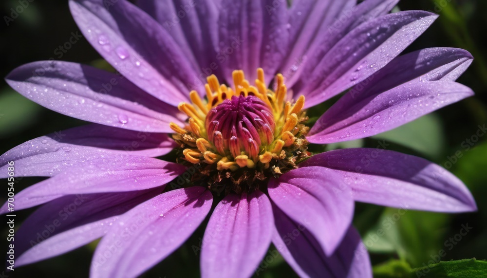 a close - up of a purple flower with water droplets on it's petals and a green leafy area in the foreground with a blurry background. a close - up of a purple flower with water droplets on it's petals and a green leafy area in the foreground with a blurry background.