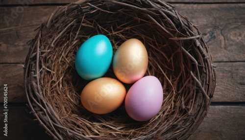  four eggs in a bird's nest on top of a wooden table with a blue and pink egg in the middle of the nest and three eggs in the middle of the nest.