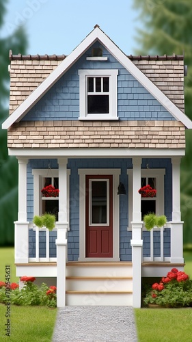 Beat simple blue gabled house with front porch picture AI generated art © Bijali