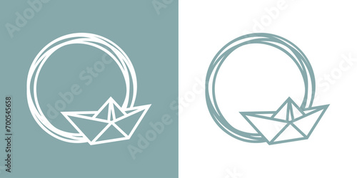Logo Nautical. Marco circular con líneas con barco de papel estilo origami