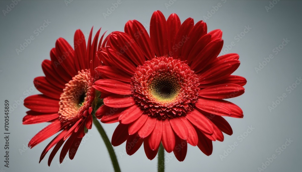  a close up of two red flowers with a blue sky in the backgrounnd of the image in the backgrounnd of the backgrounnd.