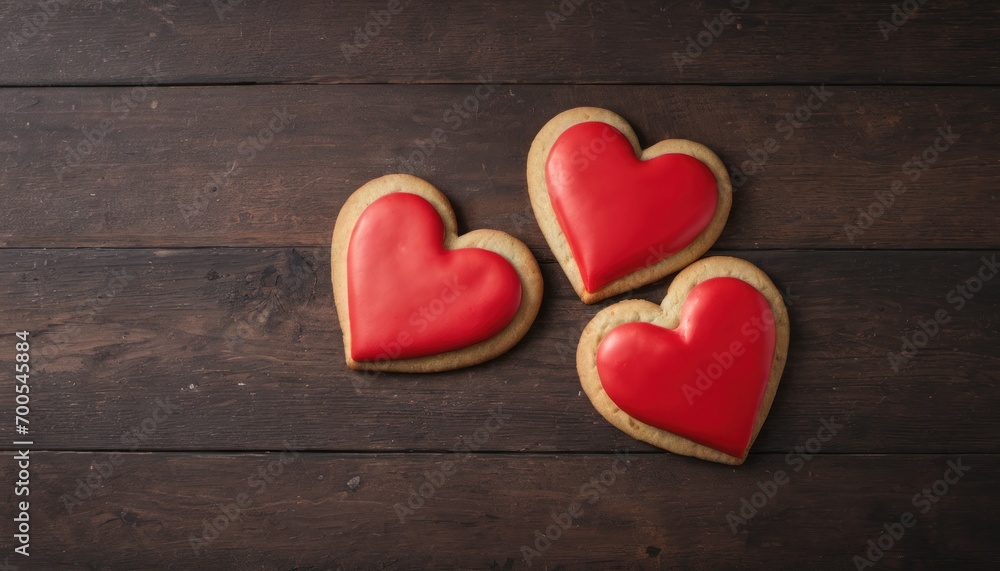 three heart shaped cookies sitting on top of a wooden table next to a cup of coffee and a cup of coffee on the side of the table are decorated with red icing. three heart shaped cookies sitting on top of a wooden table next to a cup of coffee and a cup of coffee on the side of the table are decorated with red icing.