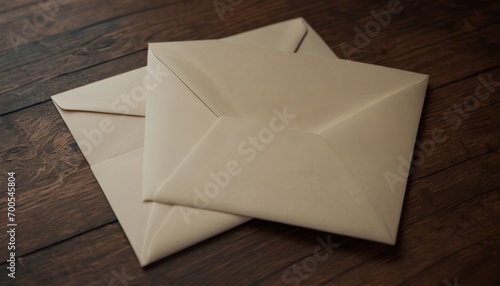  a close up of two white envelopes on a wooden table with a dark wood floor and a dark wood table with a wooden table top with a pair of white envelopes on it.