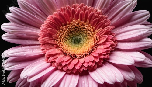  a close up view of a pink flower with water droplets on it s petals and the center of the flower with a green center and yellow center surrounded by drops of water droplets.