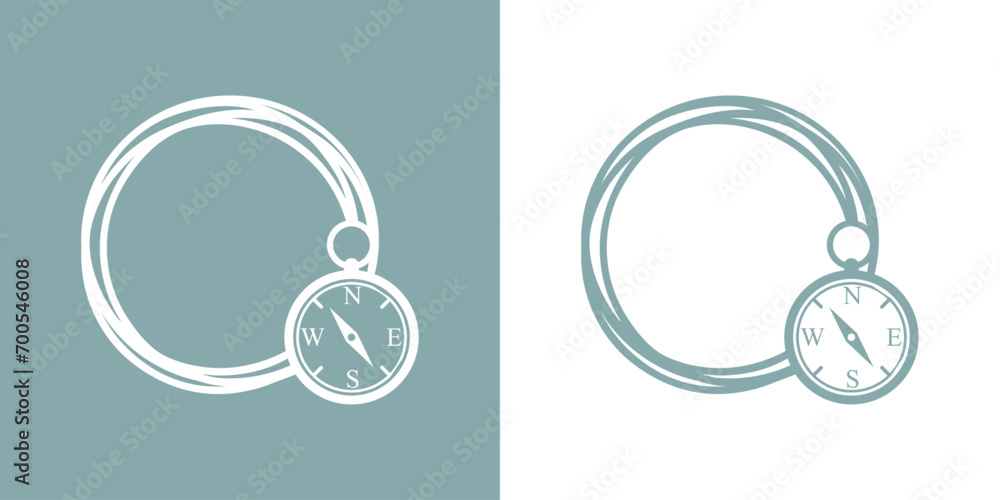 Logo Nautical. Marco circular con líneas con silueta de brújula de bolsillo simple - obrazy, fototapety, plakaty 