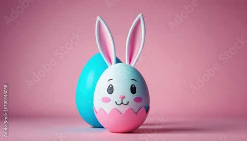  a pink and blue egg with a bunny face painted on it's side and a blue egg with a pink and blue egg shell in the shape of an egg on a pink background.