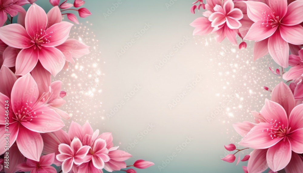  a floral background with pink flowers and sparkles on a blue background with a place for a text or an image with a place for a place for your own text.
