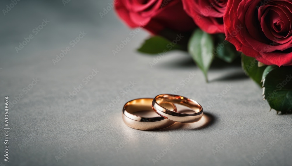 two gold wedding rings sitting next to a bouquet of red roses on a gray surface with one red rose in the foreground and the other red rose in the foreground. two gold wedding rings sitting next to a bouquet of red roses on a gray surface with one red rose in the foreground and the other red rose in the foreground.