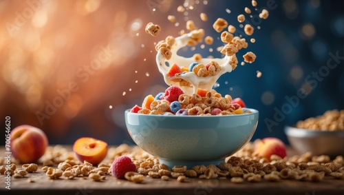 Vibrant, dynamic image of the exact moment milk and cereal spill into a bowl filled with crunchy cereal and fresh fruits. The blue background highlights the bright colors of the ingredients photo