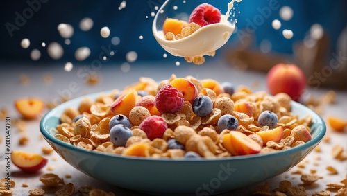 Vibrant, dynamic image of the exact moment milk and cereal spill into a bowl filled with crunchy cereal and fresh fruits. The blue background highlights the bright colors of the ingredients photo