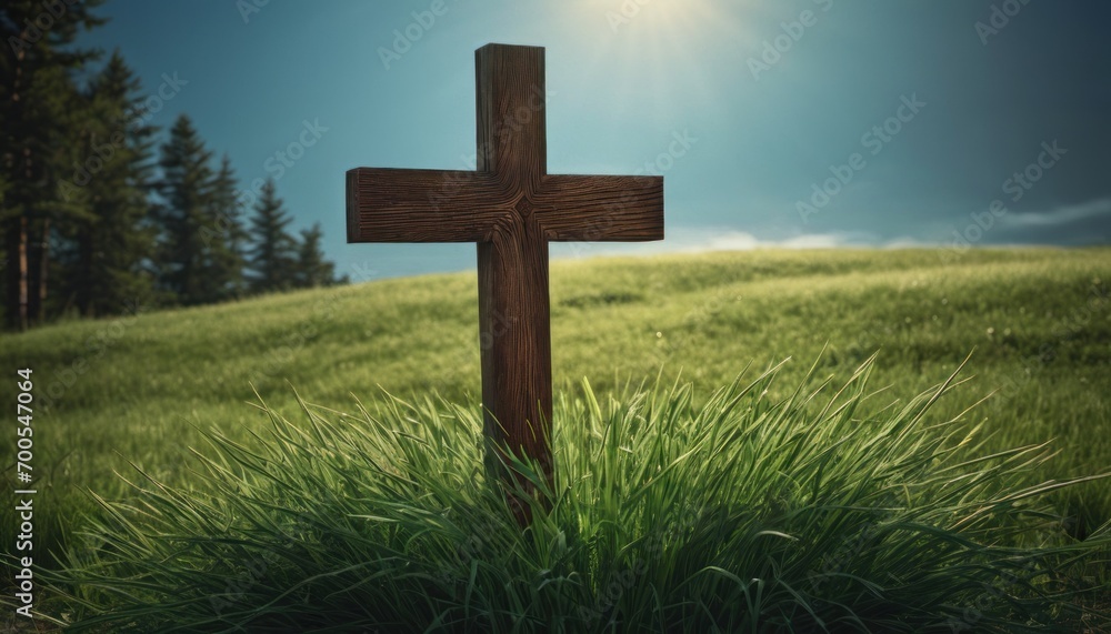  a wooden cross sitting in the middle of a lush green field with a sun shining over the top of the cross on a hill in the distance is a blue sky.