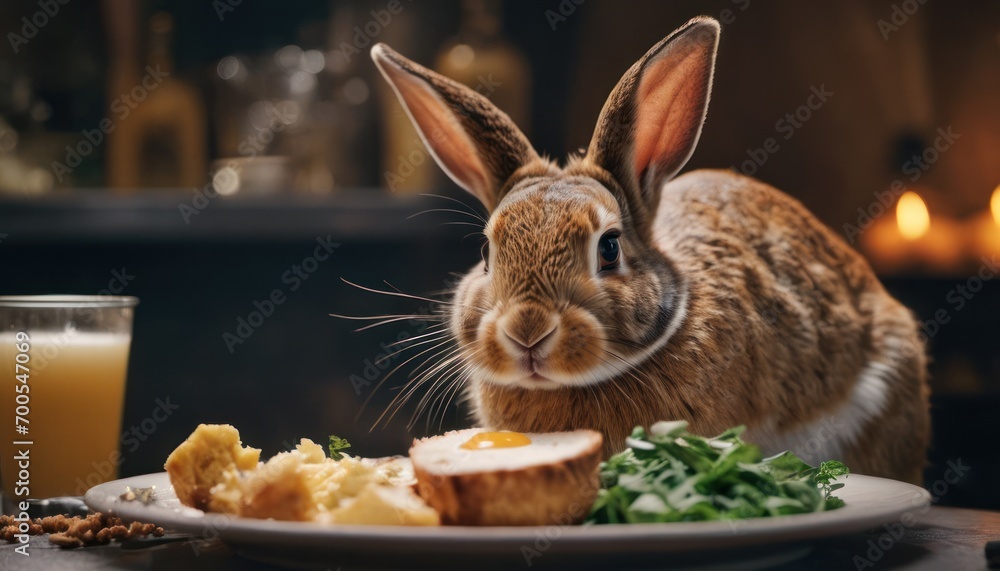 Obraz premium a rabbit sitting on a table next to a plate of food and a glass of orange juice and a glass of orange juice and a glass of orange juice on the table.