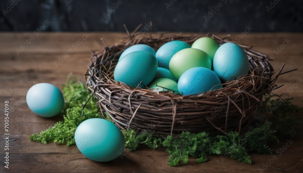 a basket filled with blue and green eggs sitting on top of a wooden table next to a pile of lettuce and a bunch of blue eggs on top of green lettuce. a basket filled with blue and green eggs sitting on top of a wooden table next to a pile of lettuce and a bunch of blue eggs on top of green lettuce.