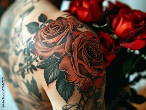 GA man with a tattoo on his shoulder holding roses for his beloved girl.enerated image photo