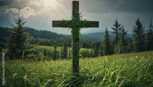  a cross in the middle of a field with trees in the background and a sunburst in the middle of the sky in the middle of the middle of the picture.