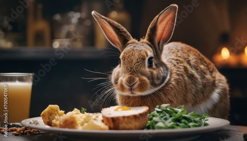  a rabbit sitting on a table next to a plate of food and a glass of orange juice and a glass of orange juice and a glass of orange juice on the table.