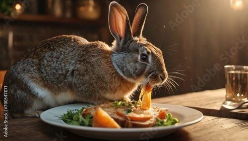  a rabbit eating food from a plate on a table next to a glass of water and a glass of water on a table with a knife and fork on it.