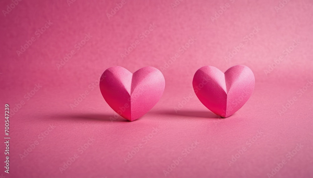  a couple of pink paper hearts sitting on top of a pink surface with a pink wall in the background and a pink wall in the foreground with a pink background.