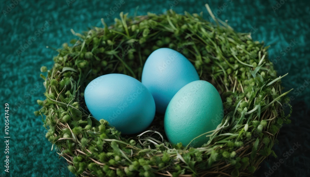  three blue eggs in a green nest on a green carpeted area with green grass and a green carpeted area with a blue carpet and green carpeted area.