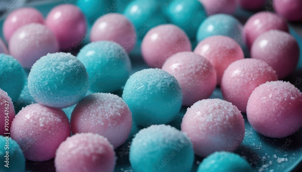 a close up of a plate of candies covered in powdered sugar and sprinkled with blue, pink, and green powdered sugary watermelon. a close up of a plate of candies covered in powdered sugar and sprinkled with blue, pink, and green powdered sugary watermelon.