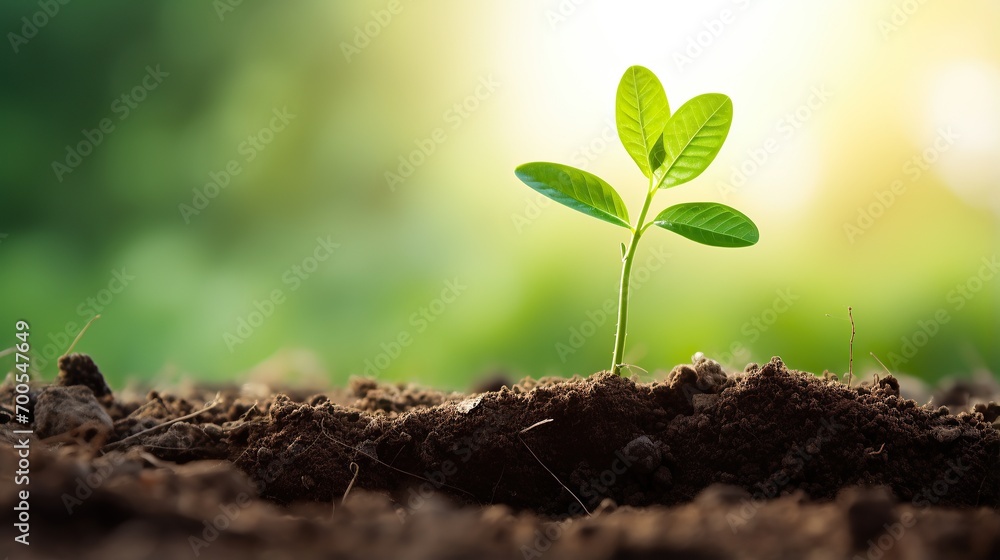 Fototapeta premium Young plants growing from the ground, Planting young plant seeds in the morning with nature background