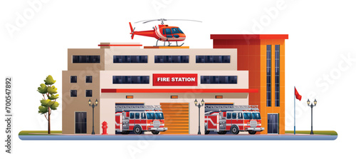 Fire station building with fire trucks and helicopter. Fire department office with fire vehicles vector cartoon illustration