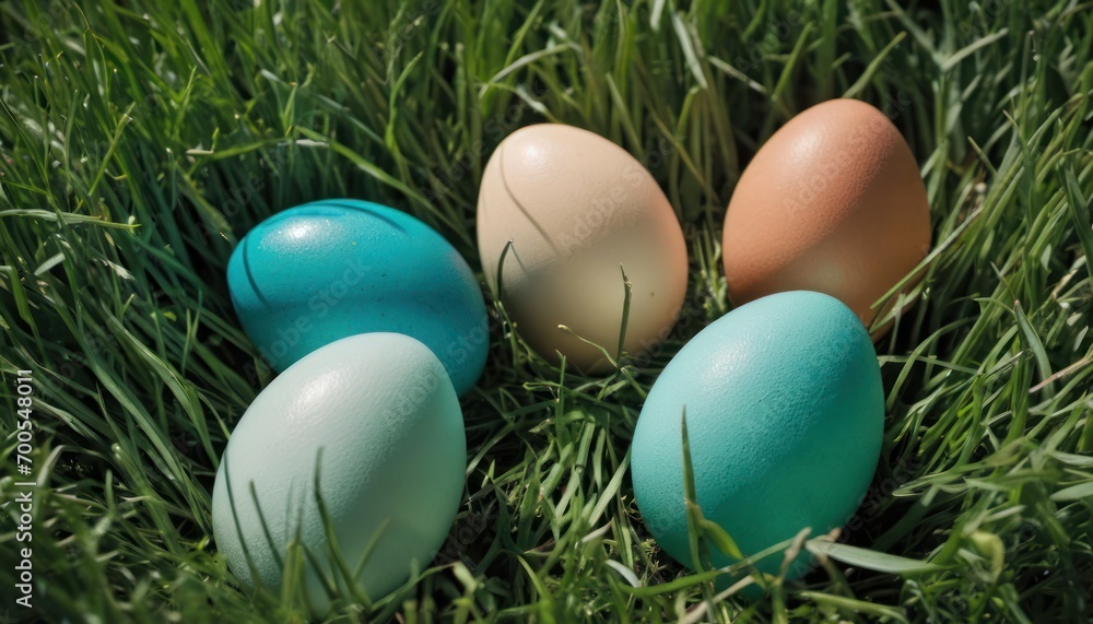  a group of four eggs laying on top of a lush green grass covered grass covered in blue, brown, and white eggs in a row on top of green grass.