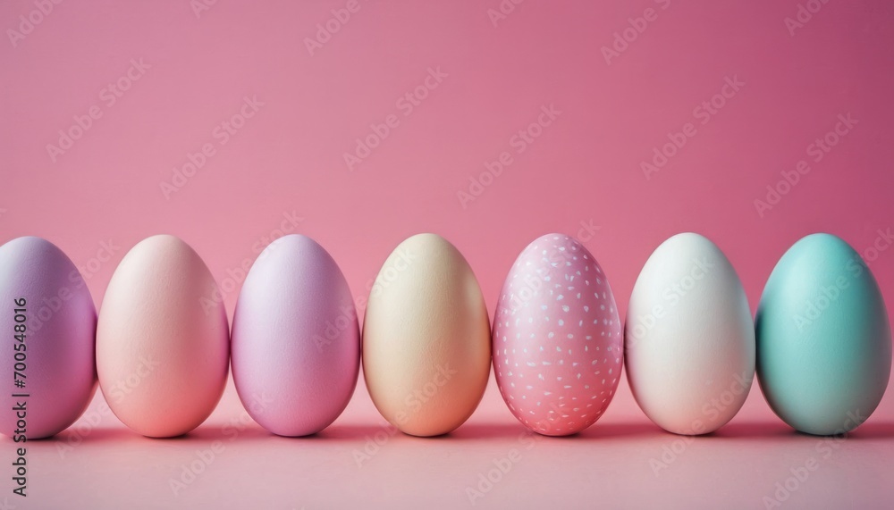 a row of painted eggs in pastel colors on a pink background, with a polka dot pattern on one of the eggs and the eggs in the same row. a row of painted eggs in pastel colors on a pink background, with a polka dot pattern on one of the eggs and the eggs in the same row.