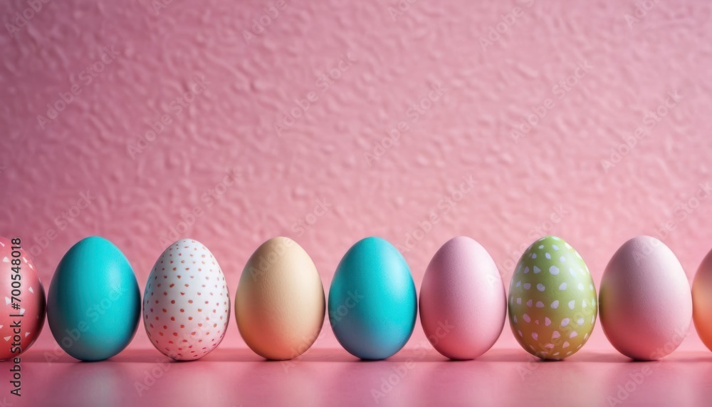 a row of colorful easter eggs on a pink surface with a pink wall in the back ground and a pink wall in the back ground in the middle of the row. a row of colorful easter eggs on a pink surface with a pink wall in the back ground and a pink wall in the back ground in the middle of the row.