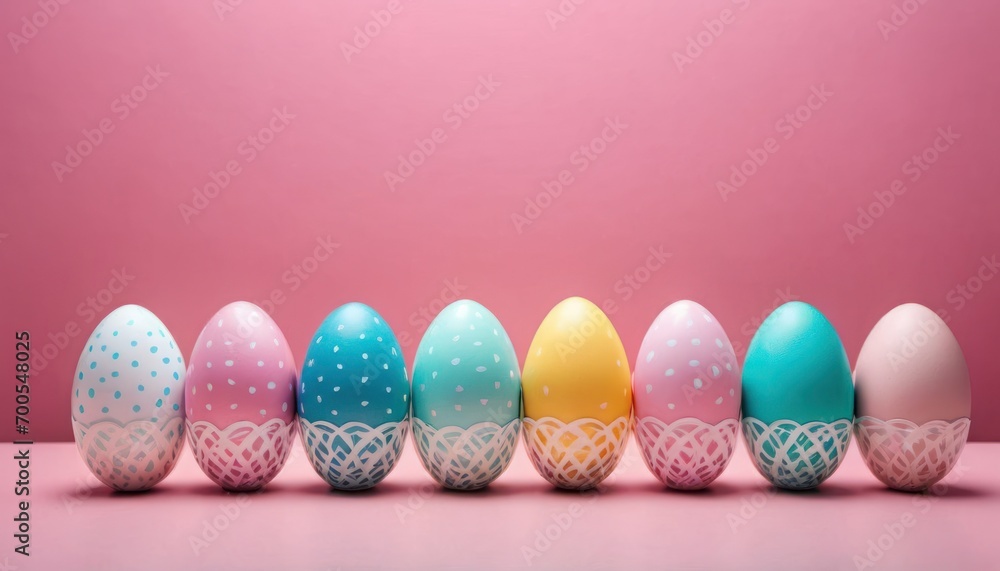 a row of colorful easter eggs on a pink surface with a pink wall in the background and a pink wall in the background with a pink wall in the background. a row of colorful easter eggs on a pink surface with a pink wall in the background and a pink wall in the background with a pink wall in the background.