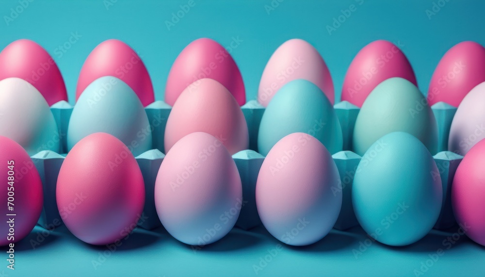 a row of pastel colored eggs sitting on top of each other in a row on a blue, pink, and blue background with one egg in the middle of the row. a row of pastel colored eggs sitting on top of each other in a row on a blue, pink, and blue background with one egg in the middle of the row.