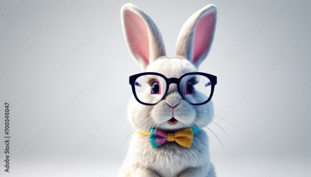 a white rabbit wearing glasses and a bow tie with a bow tie around it's neck, sitting in front of a gray background, wearing a bow tie and looking at the camera. a white rabbit wearing glasses and a bow tie with a bow tie around it's neck, sitting in front of a gray background, wearing a bow tie and looking at the camera.