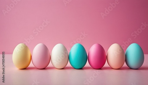  a row of pastel colored eggs on a light pink background with a pink wall in the backgrounnd of the image is a row of pastel colored eggs on a light pink background.