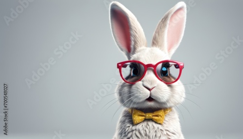  a white rabbit wearing red glasses and a yellow bow tie with a yellow bow tie around it's neck and wearing a yellow bow tie around it's neck.