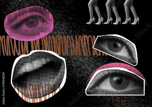 Trendy halftone collage set. Contemporary grunge style. Retro vector illustration. Graphic design poster.