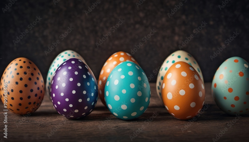  a row of painted eggs sitting in a row on top of a wooden table with polka dotted eggs in the middle of the row on top of the row of the row.