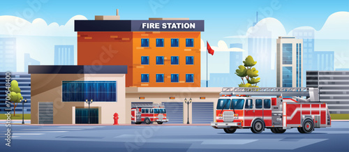 Fire station building with fire trucks on cityscape background. Fire department. City landscape vector cartoon illustration photo