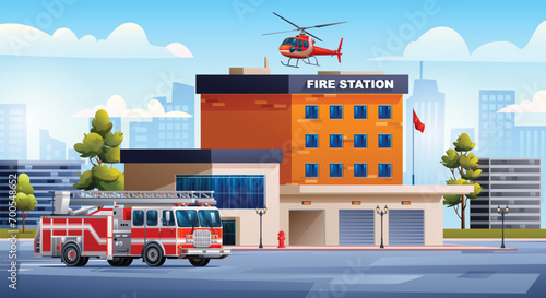 Fire station building with fire truck and helicopter on cityscape background. Fire department. City landscape vector cartoon illustration photo