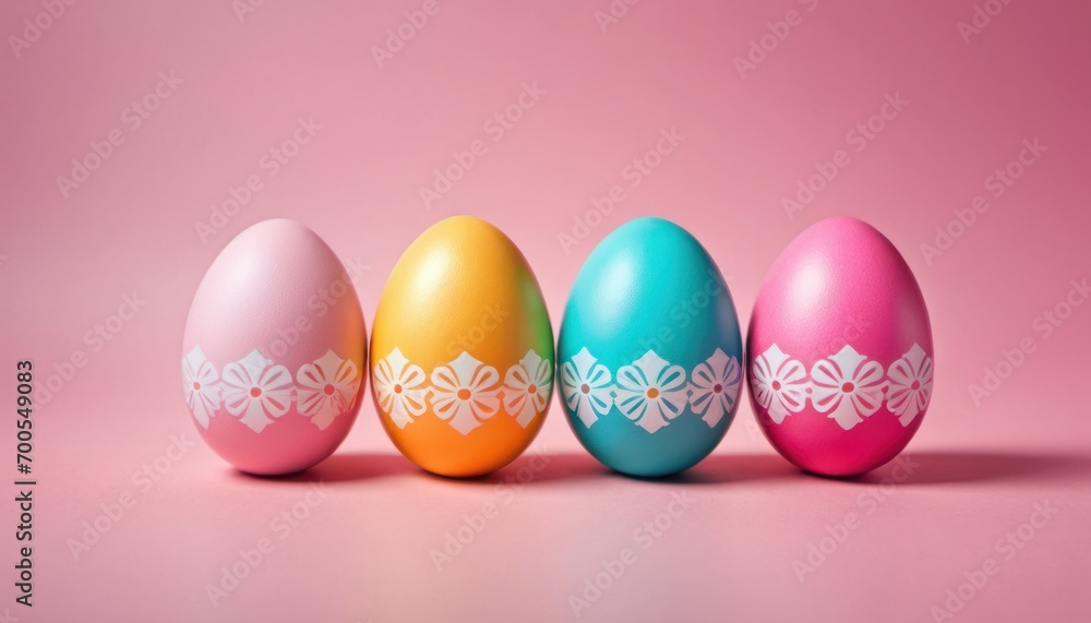 a group of colorful easter eggs sitting on top of a pink surface with a white lace design on one of the eggs and a white lace design on the side of the eggs. a group of colorful easter eggs sitting on top of a pink surface with a white lace design on one of the eggs and a white lace design on the side of the eggs.