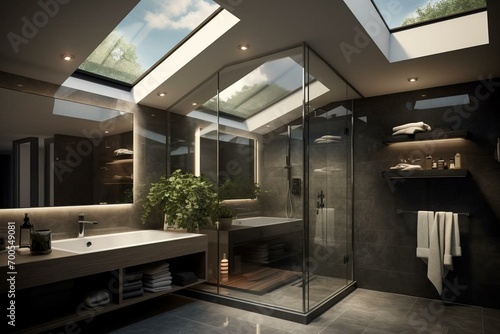 Contemporary bathroom featuring a 3D skylight and shower. Generative AI photo