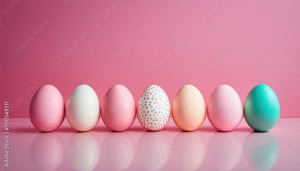 a row of pastel colored eggs on a pink background with a reflection of the eggs in the foreground and the rest of the eggs in the foreground. a row of pastel colored eggs on a pink background with a reflection of the eggs in the foreground and the rest of the eggs in the foreground.