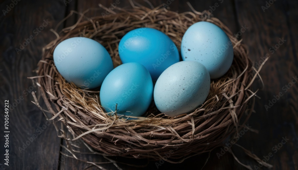 a nest filled with blue eggs sitting on top of a wooden table next to a pile of straw on top of a wooden table next to a wooden table top. a nest filled with blue eggs sitting on top of a wooden table next to a pile of straw on top of a wooden table next to a wooden table top.