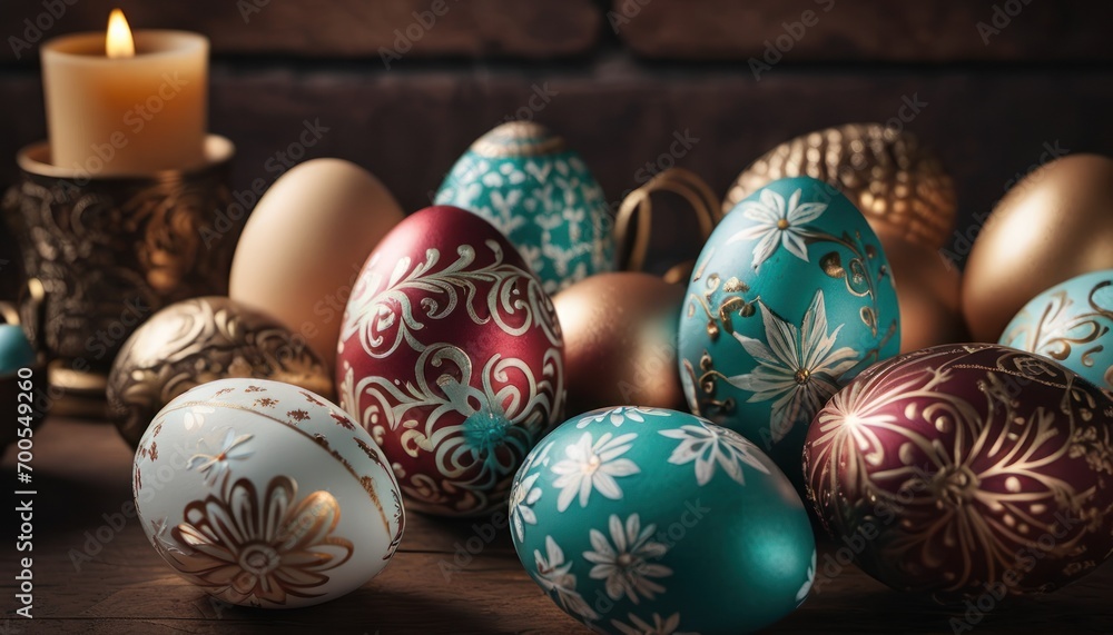  a close up of a bunch of eggs on a table with a lit candle in the middle of the picture and a candle holder in the middle of the picture.